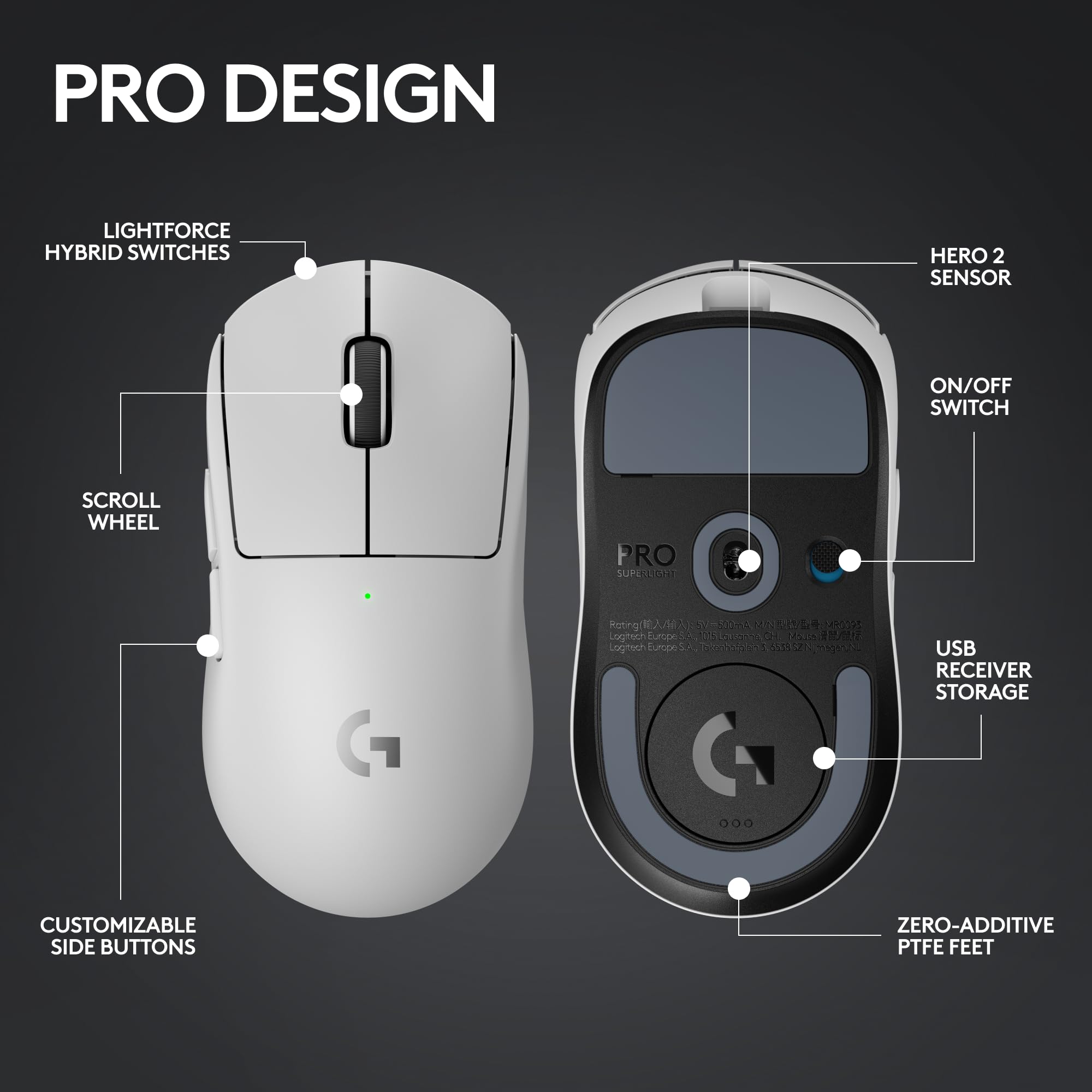 Logitech G PRO X SUPERLIGHT 2 LIGHTSPEED Wireless Gaming Mouse, 4K Polling, Lightweight, LIGHTFORCE Hybrid Switches, HERO 2 Sensor, 32,000 DPI, 5 Programmable Buttons, USB-C Charging, PC & Mac - White