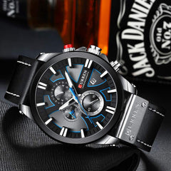 CURREN Mens Water Resistant Sport Chronograph Watches Military Multifunction Leather Quartz Wrist Watches (Silver Black)