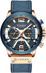 CURREN Watches Men Quartz Leather Chronograph Watch and Fashion Bracelet Set Analog Watches for Men Luxury Wristwatch Gifts for Dad Boyfriend, Blue, Quartz Watch,Chronograph