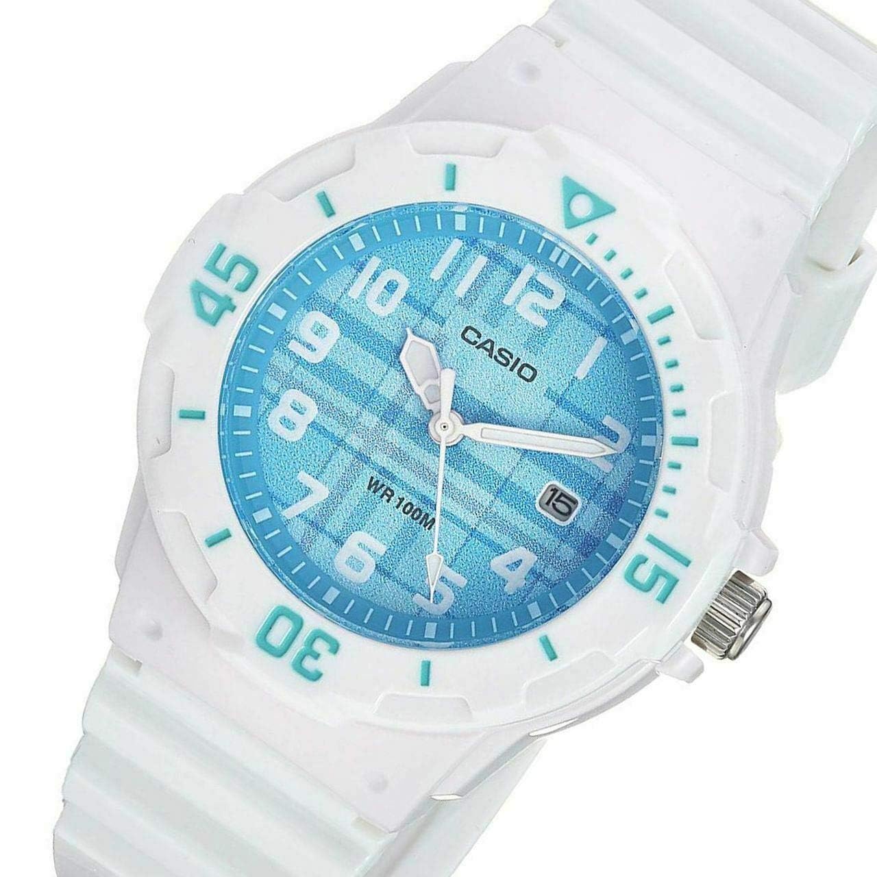 Casio Womens Quartz Watch, Analog Display and Resin Strap White/Pattern Blue