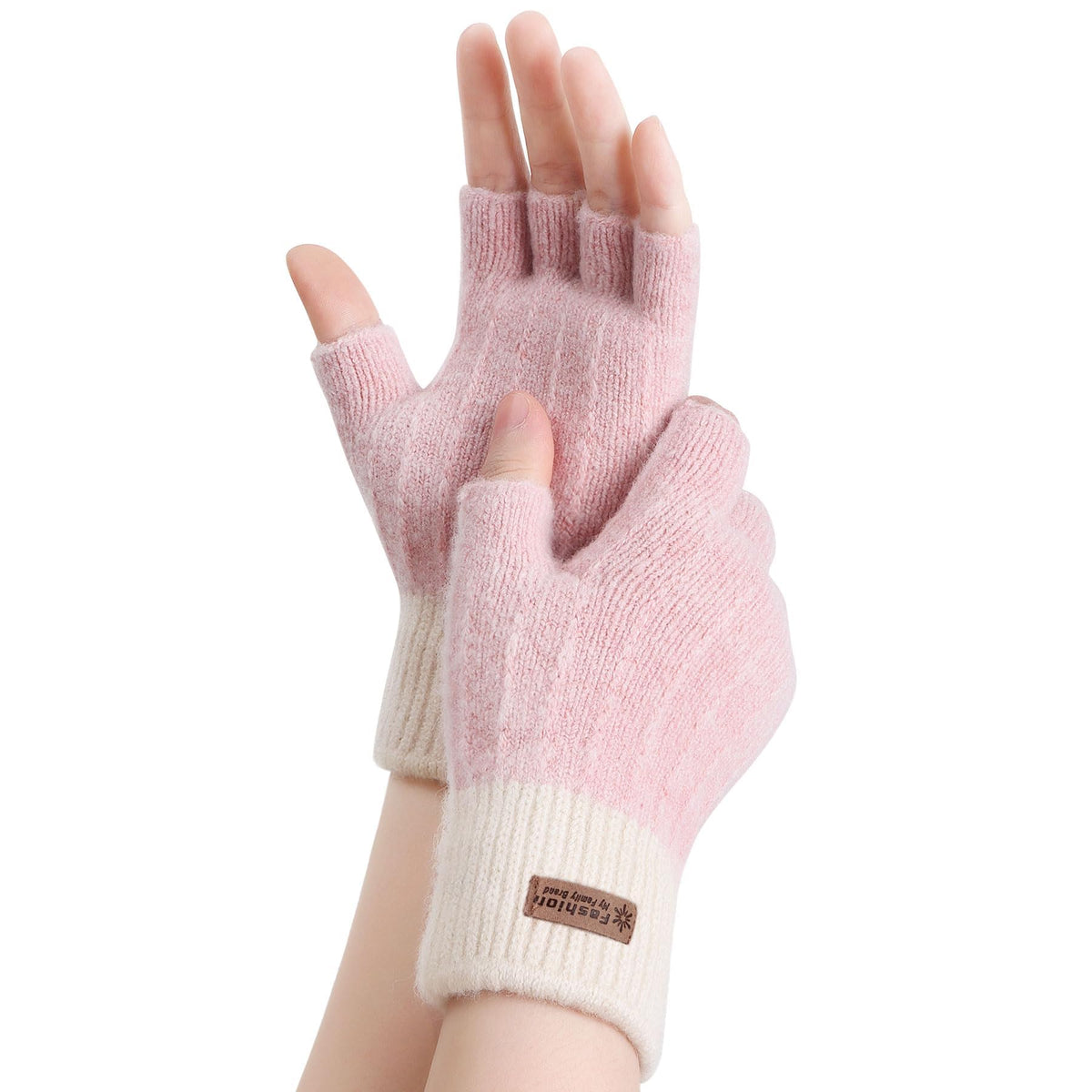 Fingerless Gloves for Women Warm - Winter Thermal Gloves Knitted Soft Half Fingers Mittens for Cold Weather Typing Working Driving - White pink