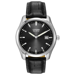 Citizen Men's Classic Eco-Drive Leather Strap Watch, Date, Luminous Hands and Markers, Black Dial