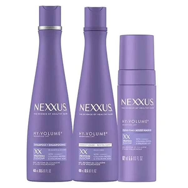 Nexxus HY VOLUME Weightless Lift Shampoo, Conditioner & Foam 3 Pack PROTEIN FUSION with Collagen Protein & Hyaluronic Acid For Flat & Limp Hair for 48 Hours of Volume 13.5 fl oz & 5.5 fl oz