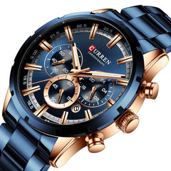 CURREN Herren-Armbanduhr Sport Quarz Chronograph Armbanduhr mit Leuchtzeigern Mode Edelstahl Uhr Datum- rose gold blue