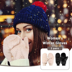 Faux Fur Mittens Fingerless Gloves Winter Warm, Soft Half Finger Fuzzy Lined Wool Mittens, Knitted Clamshell Gloves, Convertible Flips for Women Girl, Finger flexibility (2 Pair)