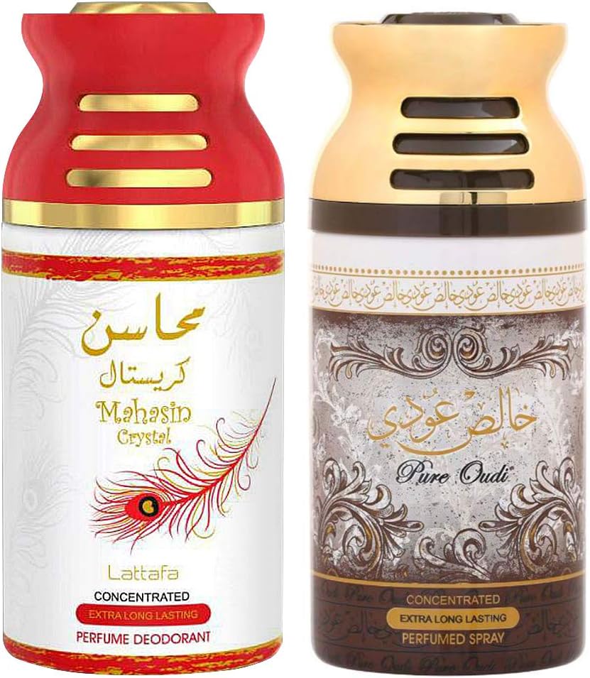 Lattafa Mahsin Crystal + PURE OUDI Perfumed Body Spray, Premium Fragrance by the Brand Lattafa, 250ml Deodorant Pack of 2 Ideal for Both Men and Women.