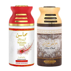 Lattafa Mahsin Crystal + PURE OUDI Perfumed Body Spray, Premium Fragrance by the Brand Lattafa, 250ml Deodorant Pack of 2 Ideal for Both Men and Women.