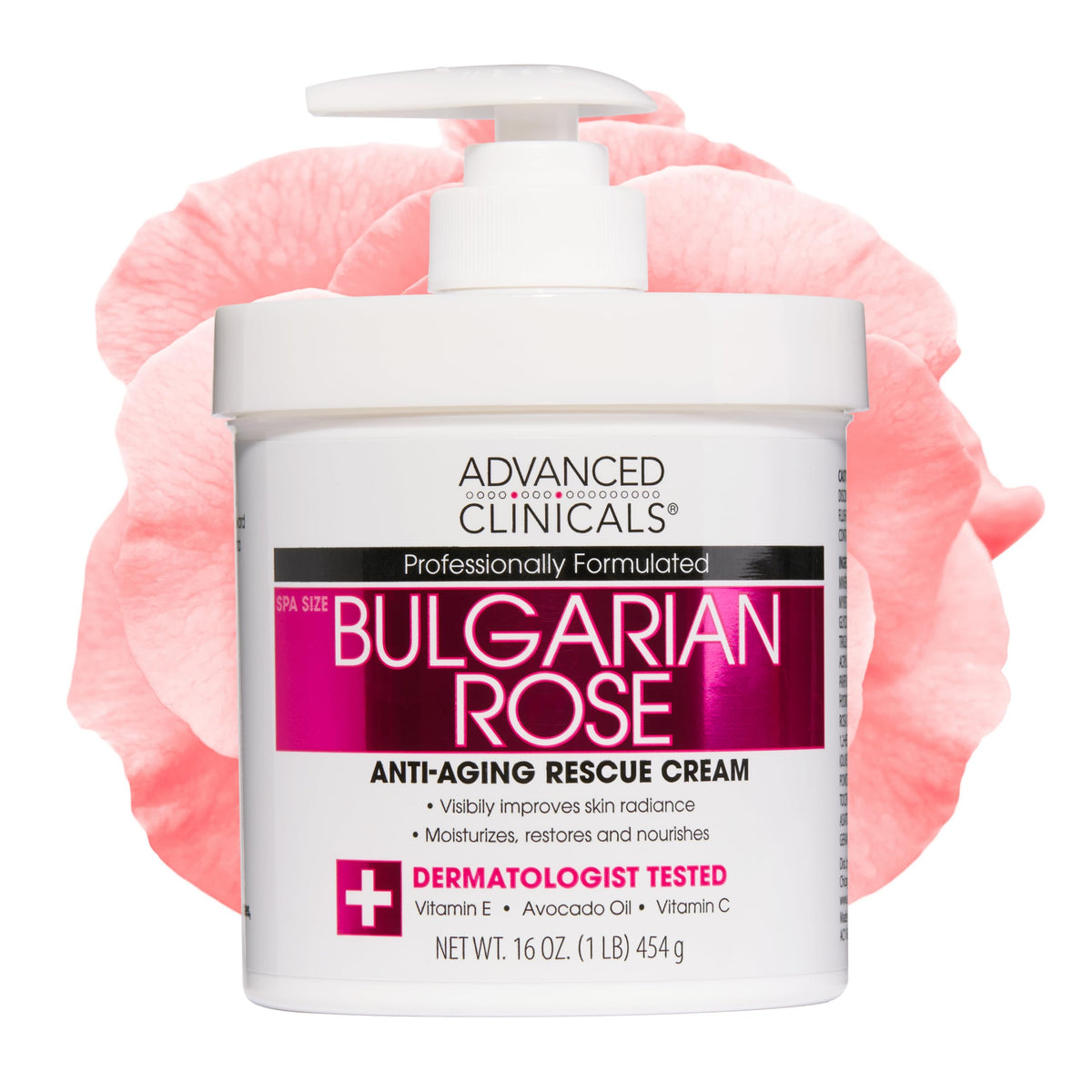 Advanced Clinicals Bulgarian Rose Anti-Aging Cream for Face, Hands, Elbows, Knees, and Body, Spa Size 454g