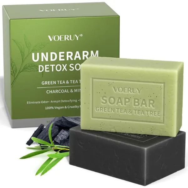 VOERUY Underarm Detox Soap, 2 Pcs Armpit Detox Soap with Green Tea & Tea Tree, Charcoal & Mint for Eliminating Odor, Exfoliating, Moisturizing , Bar Soaps for Legs, Knee, Feet, Hands Whole Body - 10 oz（280g）