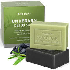 VOERUY Underarm Detox Soap, 2 Pcs Armpit Detox Soap with Green Tea & Tea Tree, Charcoal & Mint for Eliminating Odor, Exfoliating, Moisturizing , Bar Soaps for Legs, Knee, Feet, Hands Whole Body - 10 oz（280g）
