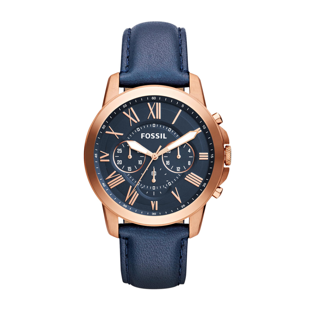 Fossil Leather Mens Quartz Watch Rose Gold Case / Blue Leather