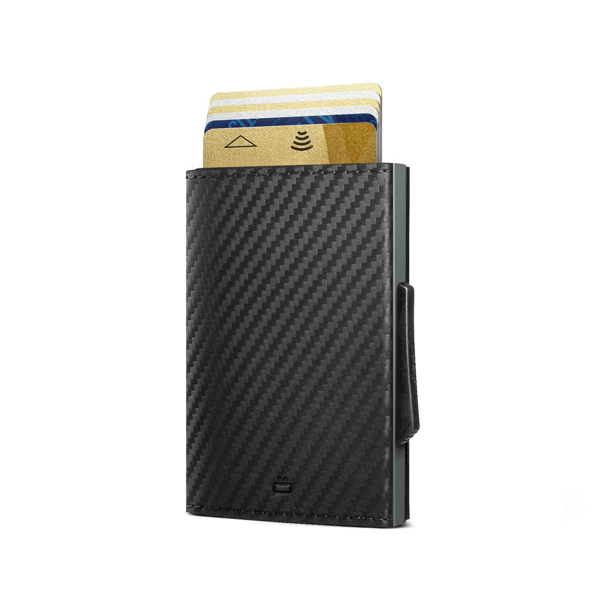 OGON Automatic Leather wallet Cascade Slim - Compact aluminum RFID blocking card holder - Up to 8 cards and banknotes - Platinium Carbon
