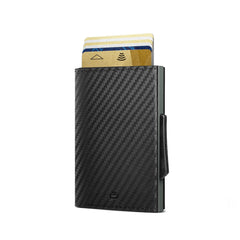 OGON Automatic Leather wallet Cascade Slim - Compact aluminum RFID blocking card holder - Up to 8 cards and banknotes - Platinium Carbon
