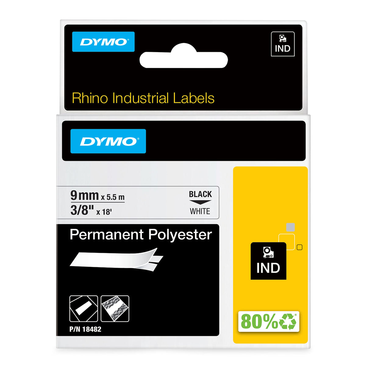 DYMO Rhino Industrial Permanent Polyester Labels 3/8" Black Print on White Tape