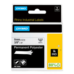DYMO Rhino Industrial Permanent Polyester Labels 3/8" Black Print on White Tape