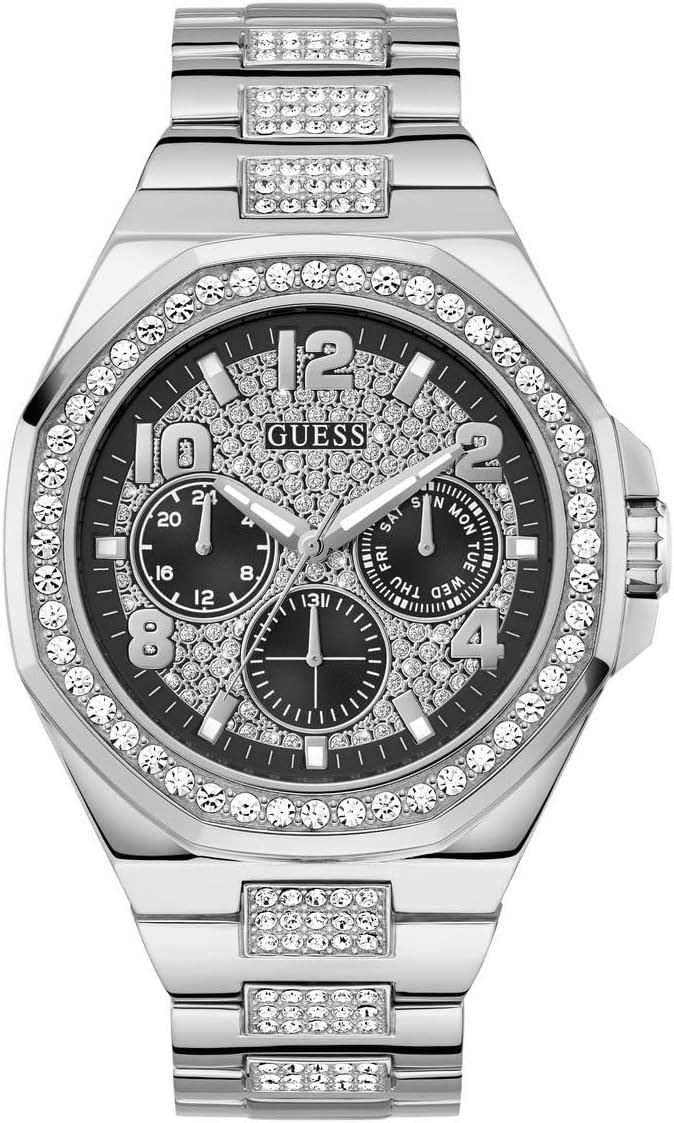 Guess Empire Multi-function Analog Watch for Men, 46 mm Case Width, Silver Tone/Black