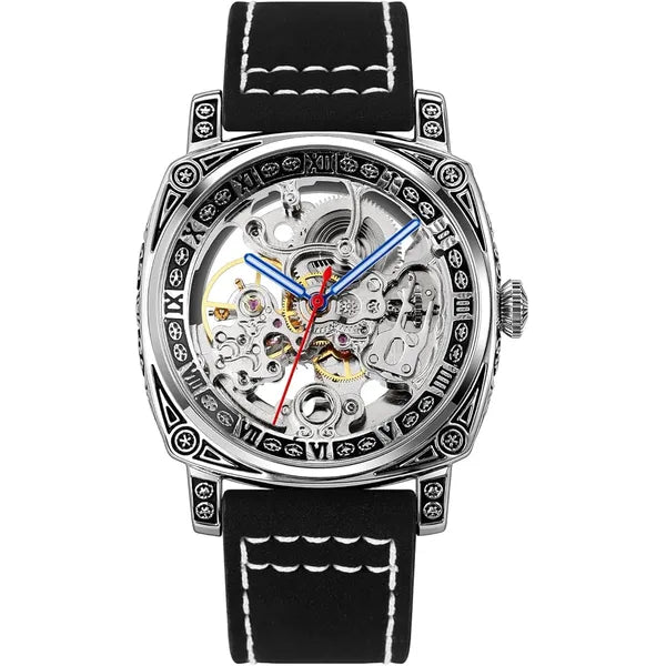 SKMEI Wrist Watch for Men, , Silver Skeleton Dial Automatic Movement Leather Watch