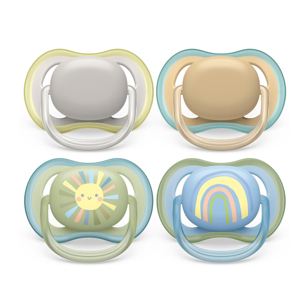 Philips Avent Ultra Air Dummies - Pack of 4, BPA-Free, Breathable Dummy for Babies from 0-6 Months, Includes Transport and Sterilisation Box, Grey/Green (Model SCF085/65)
