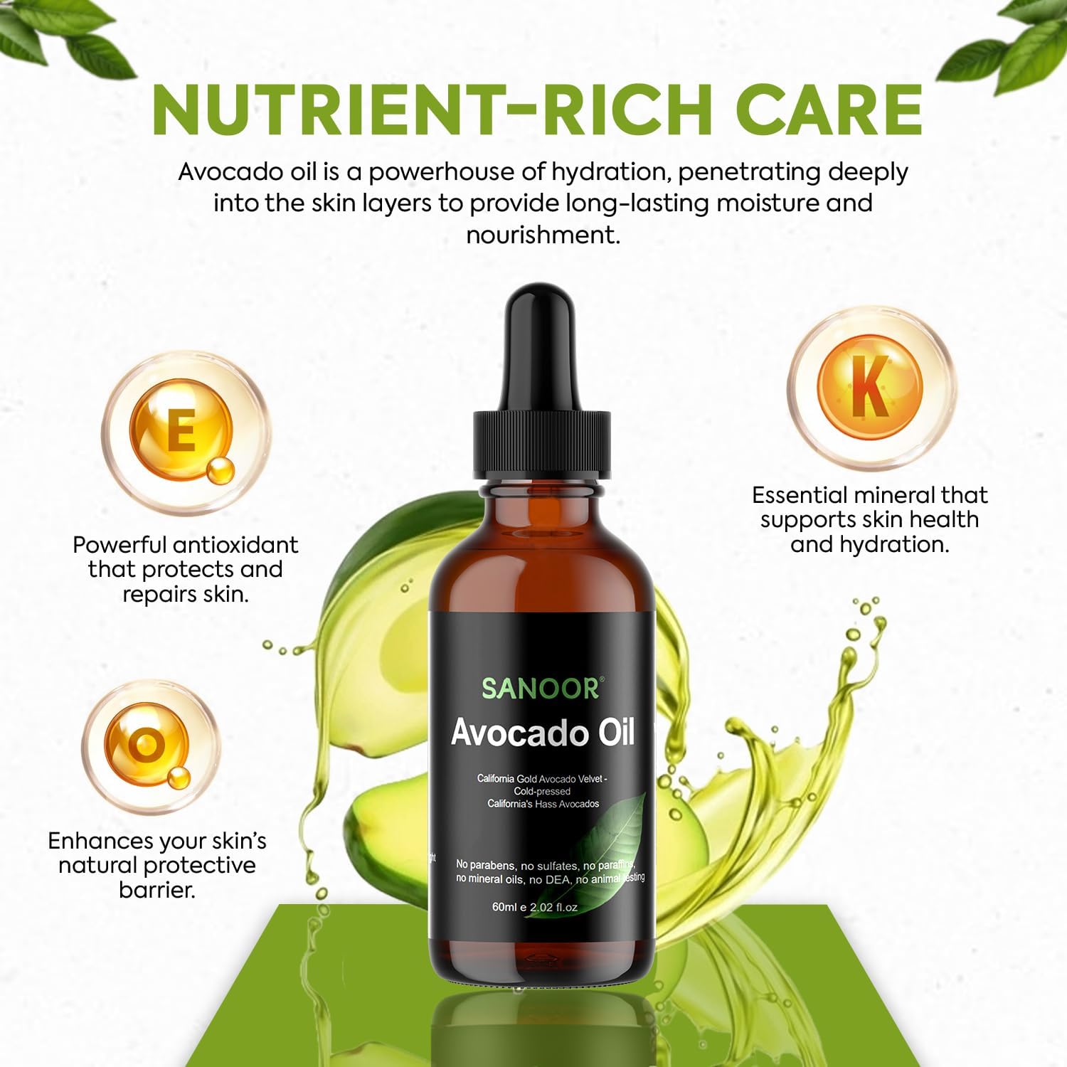 SANOOR California Gold Avocado Oil | 100% Pure (2.02oz)| Infused with Nutrients Pure Hair Butter | Cold-pressed | FDA APPROVED | 60ml