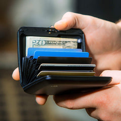 ÖGON -DESIGNS- Aluminium Code Wallet – The Code Wallet – Pocket Safe – RFID Blocking Secure Card Holder – Capacity 10 Cards and Banknotes  - Black