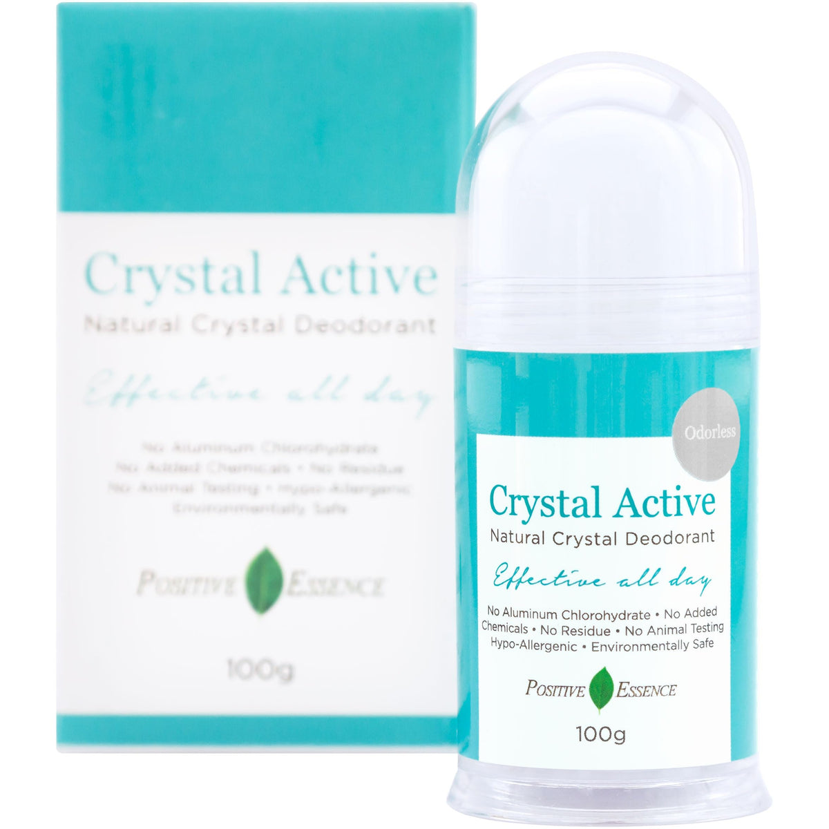 Positive Essence Crystal Deodorant Stone, Crystal Active - 100% Natural, Aluminium Chlorohydrate and Paraben Free, Unscented/Odourless, Pushup Stick, Long Lasting Thai Rock for Men and Women, 100g