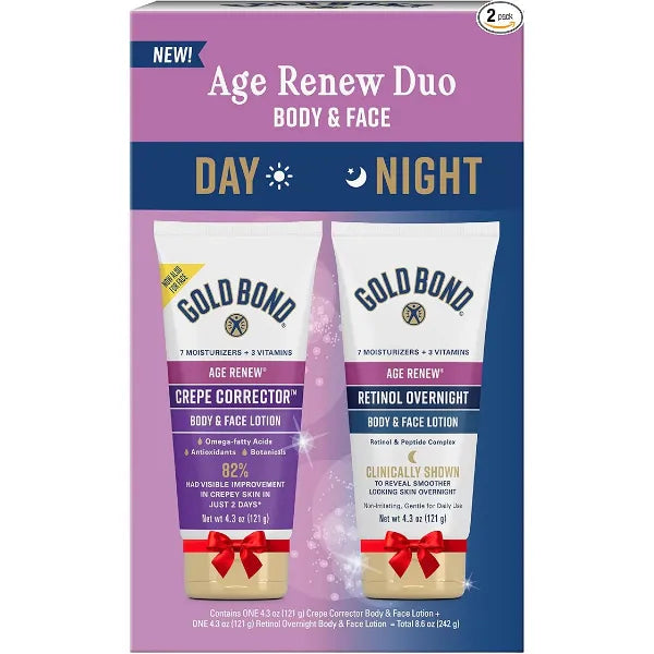 Gold Bond Age Renew Day & Night Duo Lotion Set for Body & Face, Gold Bond Crepe Corrector Lotion, Visibly Firms Skin & Gold Bond Retinol Overnight Lotion, Visibly Smooths Skin, 8.6 oz.