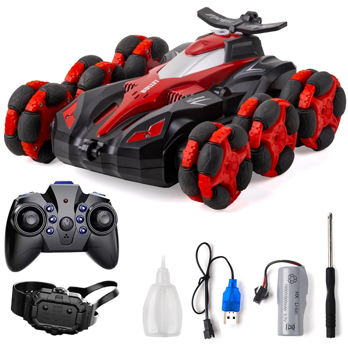 RC Car Toys, 6WD Remote Control Stunt Car, All-Terrain RC Car with 360° Swing-Arm, LED Lights, Music, Smoke Effects, 900 mAh Battery, Dual 2.4 Ghz & Motion-Sense Control - Toys for Kids (RED)