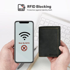 VALENCHI Men's Genuine Leather Rfid Blocking Slim Trifold Wallet With 7 Cards+1 Id Window+2 Note Compartments - Black Oily Hunter