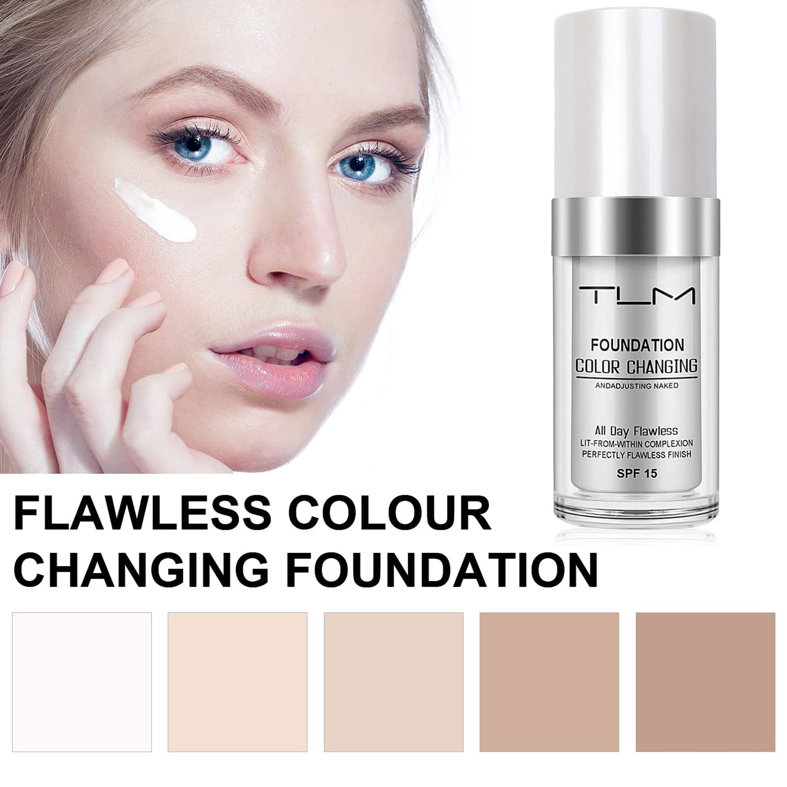 TLM 2 PACK Color Changing Foundation Liquid Base, Concealer Cover Cream,All Day Flawless Warm Skin Tone BB Cream Makeup Base Concealer for All Skin SPF15