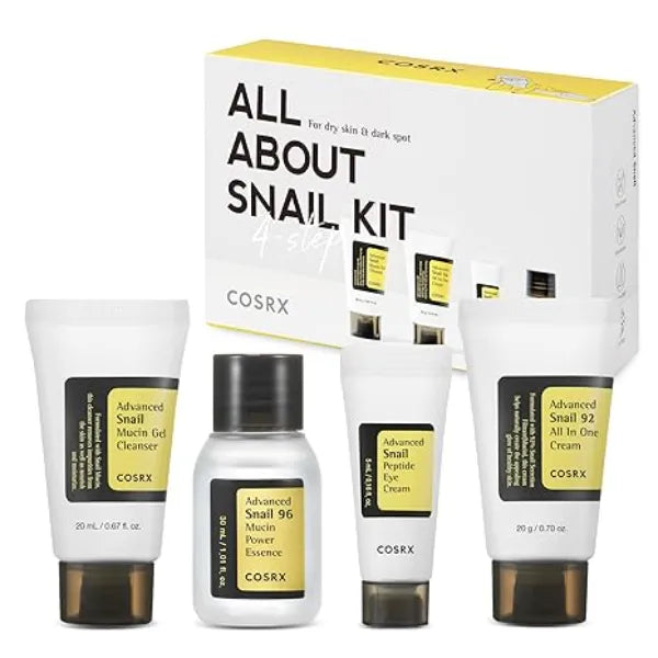 COSRX All About Snail Mucin Korean Skin Care Set, Mini Travel Essentials,Face Wash, Serum, Moisturizer & Eye Cream, Rejuvenating Kit