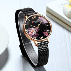 CURREN 9060 Flower Dial 3ATM Waterproof Stainless Steel Mesh Strap Quartz Watch for Women - Black