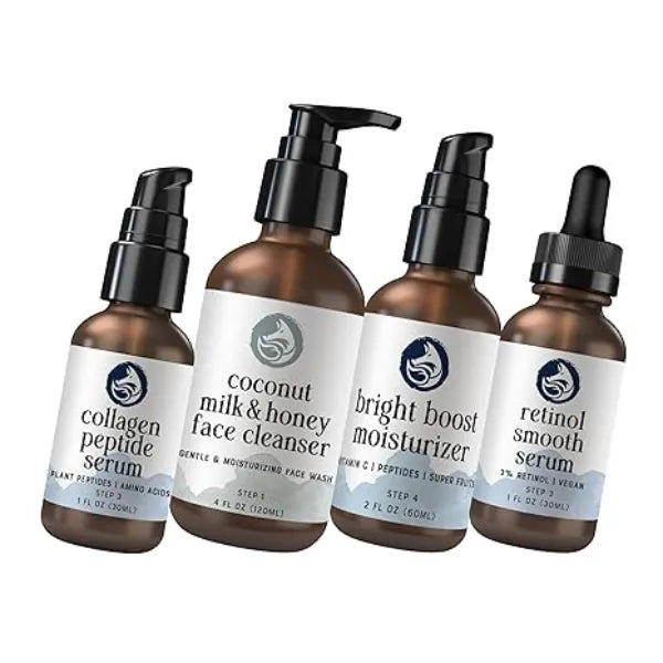 Foxbrim Naturals Complete Skincare Set: Peptide Collagen Serum, Milk & Honey Cleanser, Bright Boost Moisturizer & Retinol Face Serum