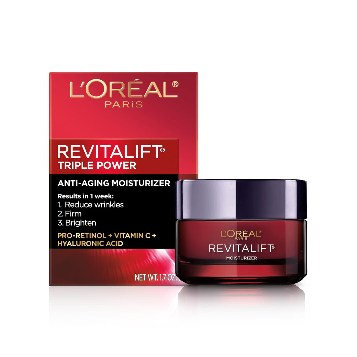 L'OREAL PARIS Skincare Revitalift Triple Power Anti-Aging Face Moisturizer with Pro Retinol, Hyaluronic Acid & Vitamin C to reduce wrinkles, firm and brighten skin, 1.7 Oz