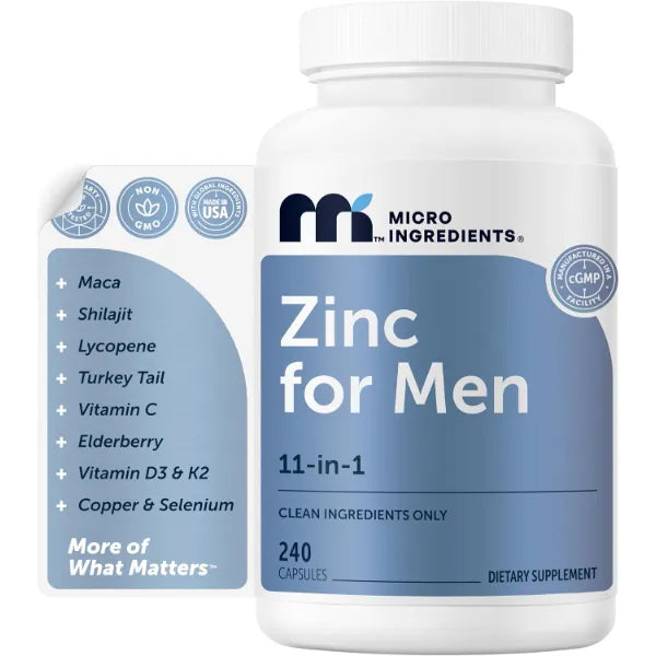 Micro Ingredients Zinc for Men 50 mg Per Serving, 240 Capsules | 11-in-1 Chelated Zinc Picolinate with Shilajit, Maca, Lycopene, Vitamin C, D3K2, Selenium & Copper | Filler Free & Gluten Free Non-GMO