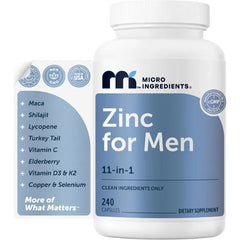 Micro Ingredients Zinc for Men 50 mg Per Serving, 240 Capsules | 11-in-1 Chelated Zinc Picolinate with Shilajit, Maca, Lycopene, Vitamin C, D3K2, Selenium & Copper | Filler Free & Gluten Free Non-GMO