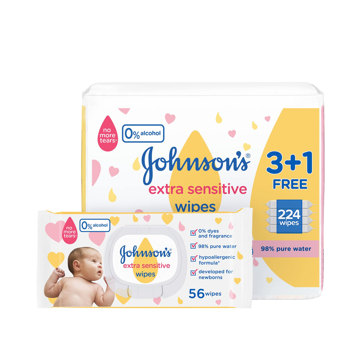 Johnson's Baby, Wipes, Extra Sensitive, 98% Pure Water, 3+1 Packs Of 56 Wipes, 224 Count