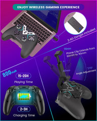 Bluetooth Controller for Windows PC/iPhone/Android/Switch/steam OS/TV, 2.4G Wireless Game Controller with USB Dongle&Phone Clip with Hall Trigger/2 Triggers/Macro/Joystick Speed Down/Gyro Aim/Motors