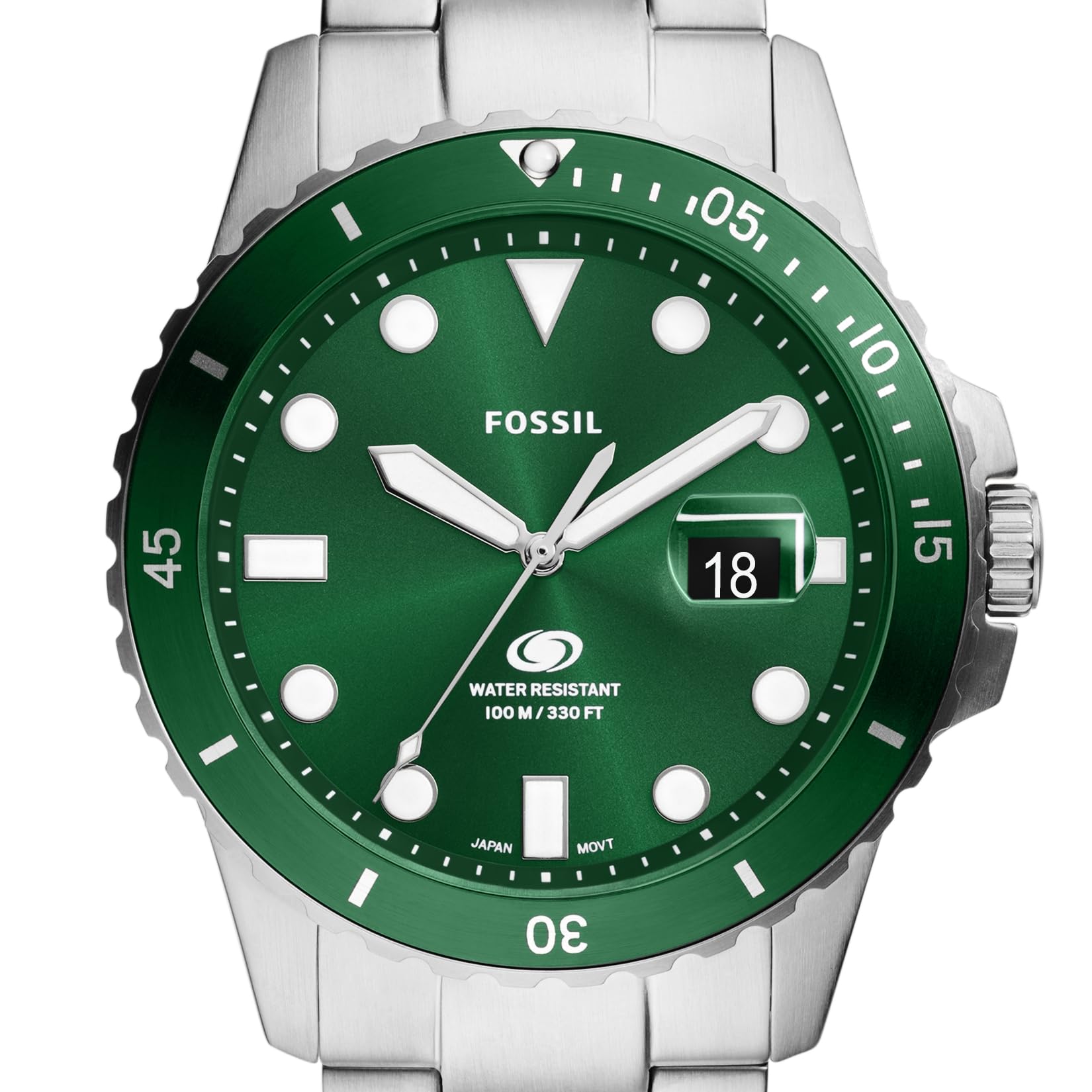 Fossil Men's Blue Quartz Stainless Steel Three-Hand Watch, Color: Silver/Green Taper (Model: FS6033)