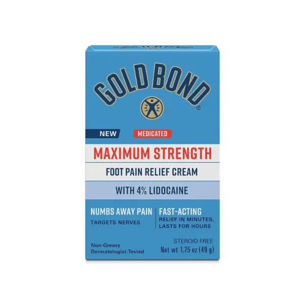 Gold Bond Medicated Foot Pain Relief Cream – Maximum Strength 4% Lidocaine, Soothes Nerve Pain & Dry Cracked Heels