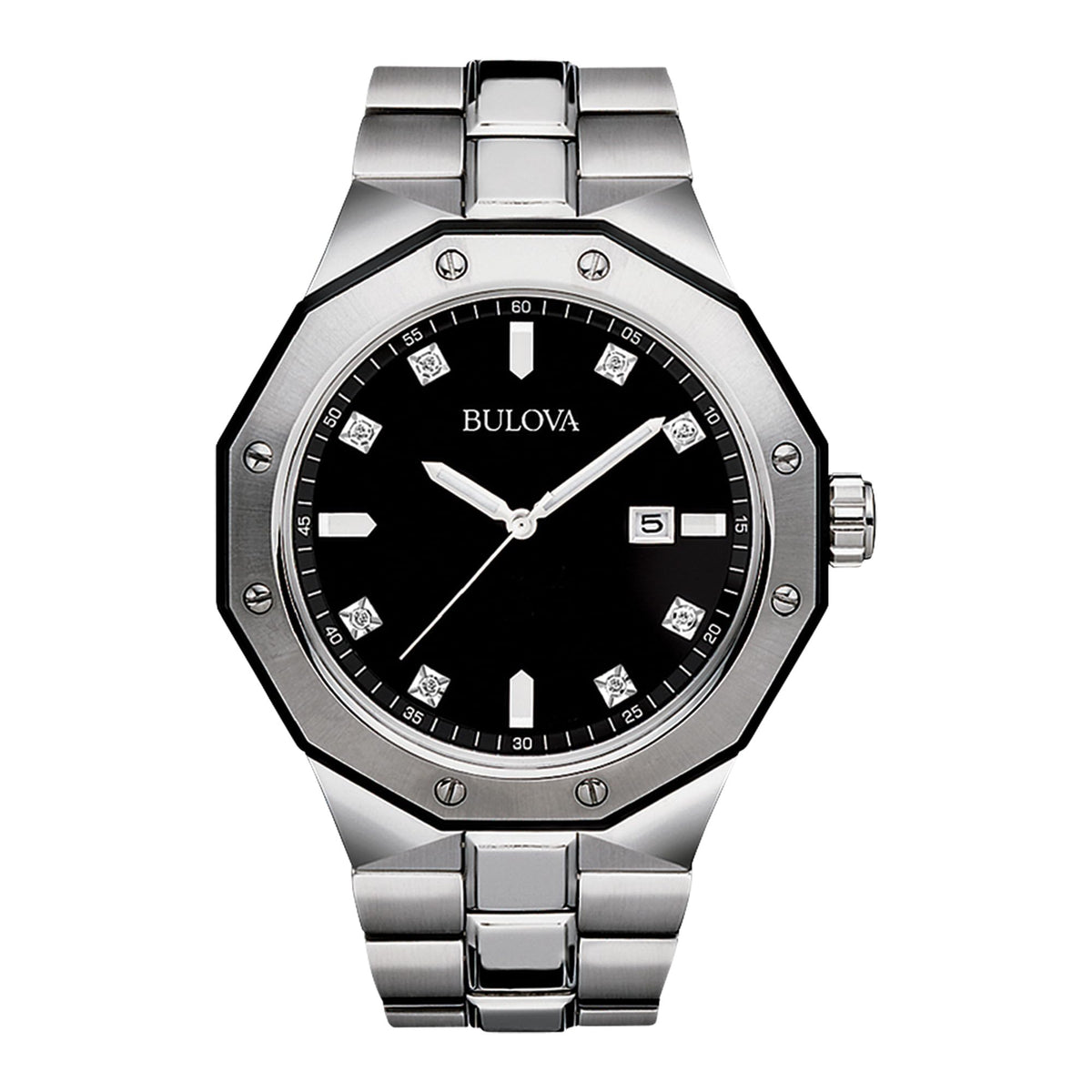 Bulova Men's Classic Stainless Steel 3-Hand Date Quartz Watch with Diamond and Day Date, 44mm - black