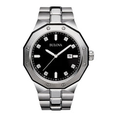 Bulova Men's Classic Stainless Steel 3-Hand Date Quartz Watch with Diamond and Day Date, 44mm - black