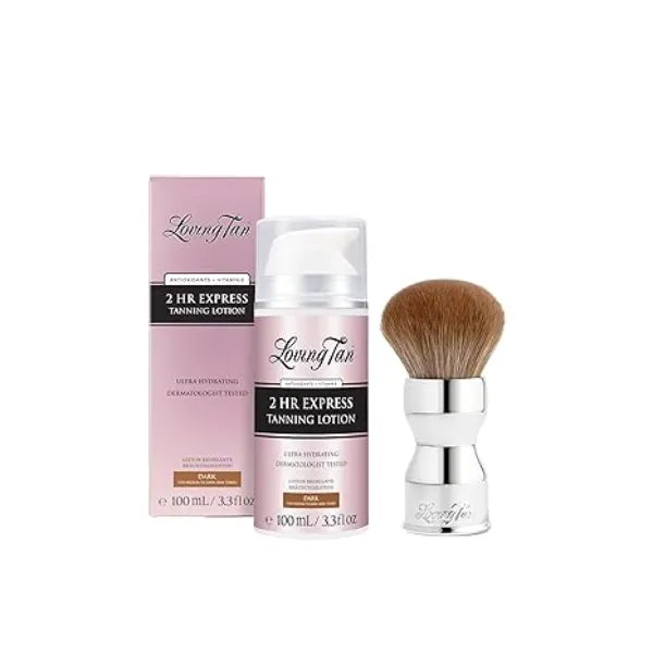 Loving Tan NEW 2 HR Express Self Tanning Body Lotion, Dark Hydrating Natural Looking Glow Sunless Self Tanner + Flawless Blending Brush Streak Free Application, Ultra Soft Vegan Bristles