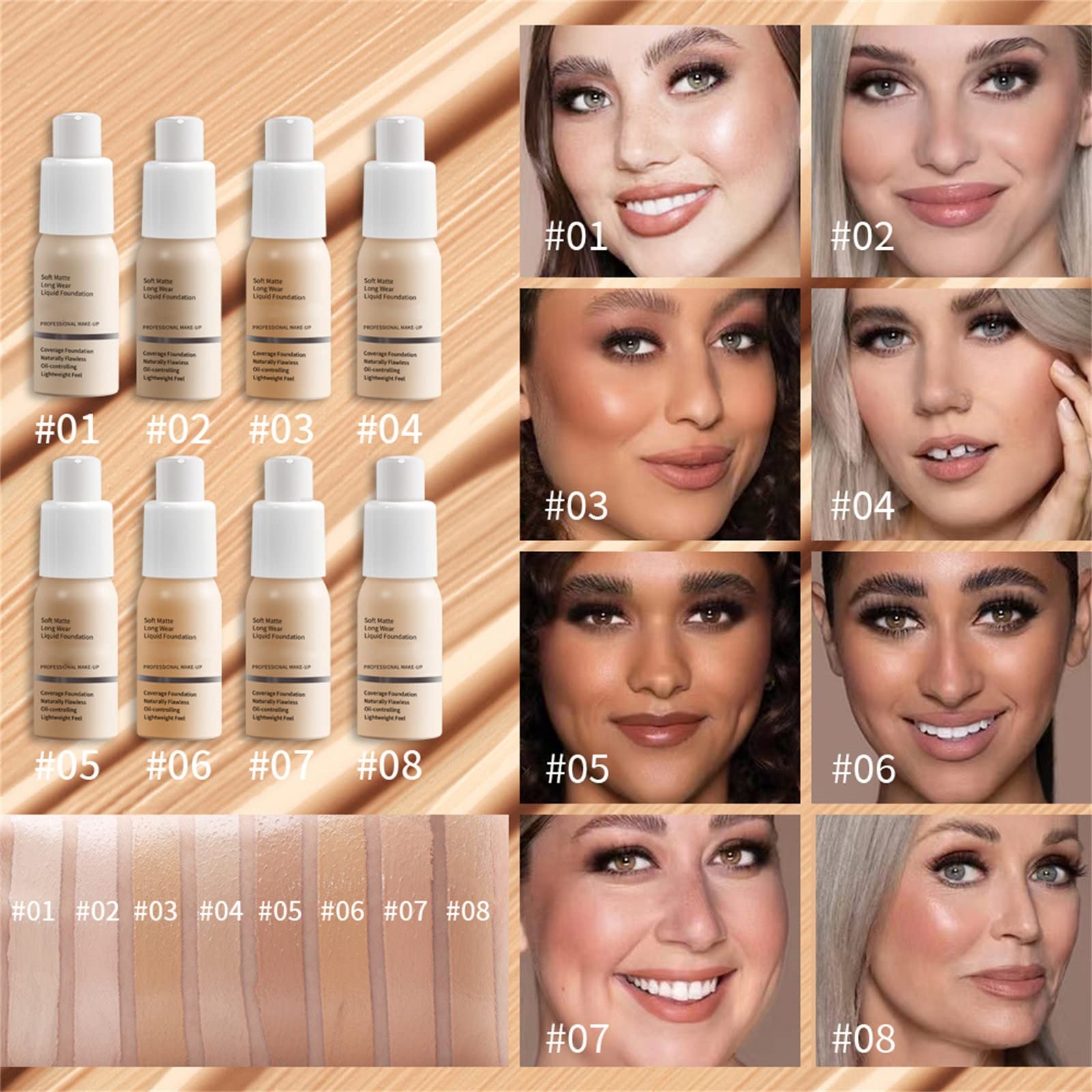 Classic Finish Foundation, Full Coverage Foundation, Matte Poreless Liquid Foundation Makeup, 24h Matte Oil Control Concealer