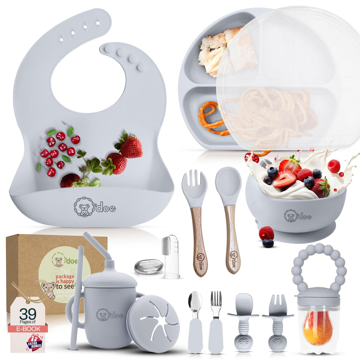 O'doe Baby Led Weaning Feeding Supplies for Toddlers, Baby Feeding Set | Suction Silicone Baby Bowl-Self Eating Utensils Set with Spoons, Bibs (Gray, V2: Nurture Pack [17 Pieces])
