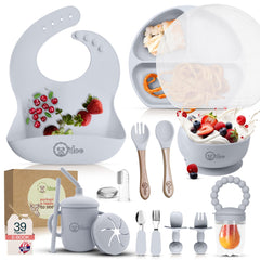 O'doe Baby Led Weaning Feeding Supplies for Toddlers, Baby Feeding Set | Suction Silicone Baby Bowl-Self Eating Utensils Set with Spoons, Bibs (Gray, V2: Nurture Pack [17 Pieces])
