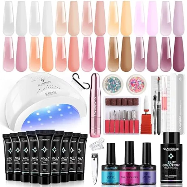 Glamonade Poly Gel Nail Starter Kit Nail Drill with 14PC Extended Gel for DIY Art at Home Salon Quality Home Nail Art Kit Sliding Solution 48W Power U V Lamp Nail Art Designs