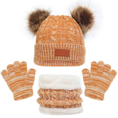 Kids Winter Hat Gloves Scarf Set for 2-6 Years Old - Warm Knit Pompom Beanie Cap Neck Warmer Gloves, Winter Warm Knitted Beanie Hat Scarf Gloves Set, Pure Plush - Yellow