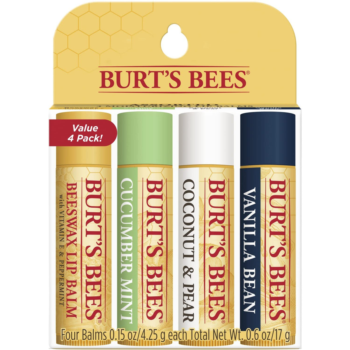 Burt's Bees 100% Natural Origin Moisturizing Lip Balm, Multipack, Original Beeswax, Cucumber Mint, Coconut & Pear and Vanilla Bean with Beeswax & Fruit Extracts, 4 Tubes