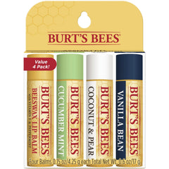 Burt's Bees 100% Natural Origin Moisturizing Lip Balm, Multipack, Original Beeswax, Cucumber Mint, Coconut & Pear and Vanilla Bean with Beeswax & Fruit Extracts, 4 Tubes