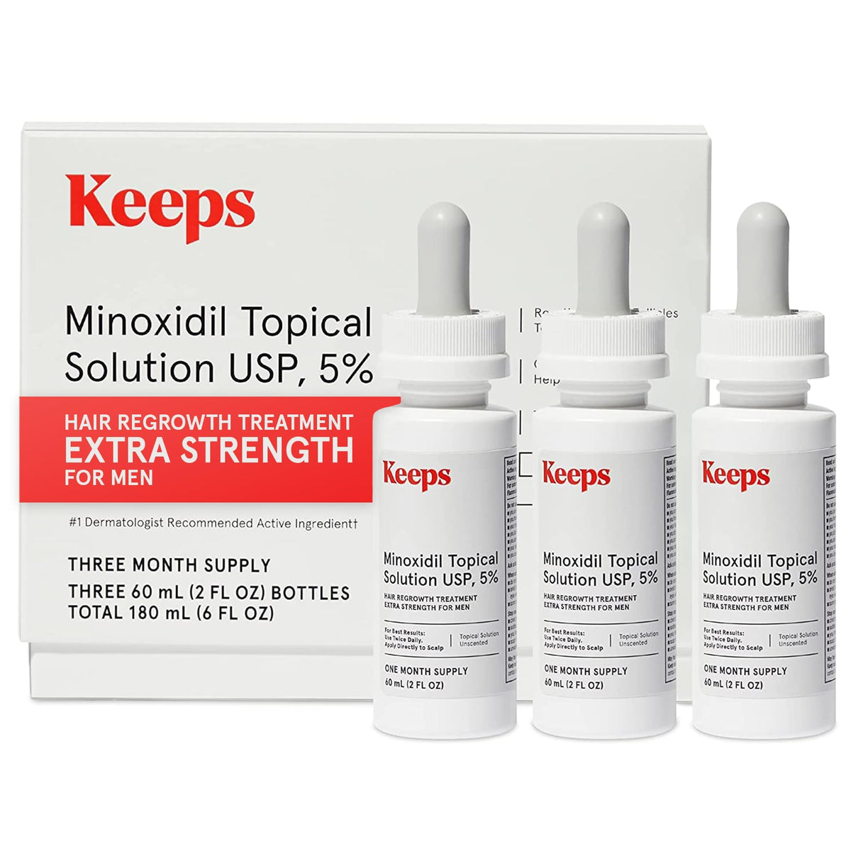 Keeps Minoxidil for Men Topical Hair Growth Solution 5%, Hair Loss Treatment - 3 Month Supply (3 x 2oz Bottles With Dropper) - For Thicker, Longer Hair - Slows Hair Loss & Promotes Hair Regrowth